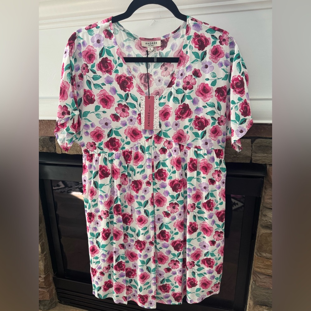 Andree Brand Floral Pink Rose Empire-Waist Dress